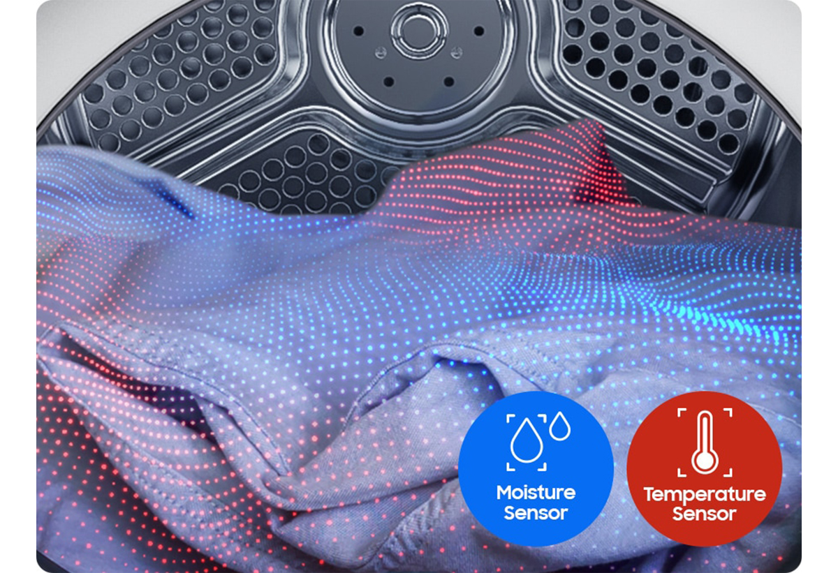 Απεικονίζεται κοντινό σε ρούχο στο εσωτερικό του στεγνωτηρίου και απεικόνιση των αισθητήρων υγρασίας και θερμοκρασίας.